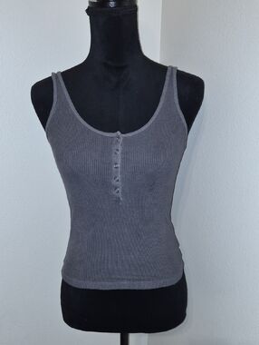 American Eagle Outfitters Ribbed Henley Tank Top - Charcoal